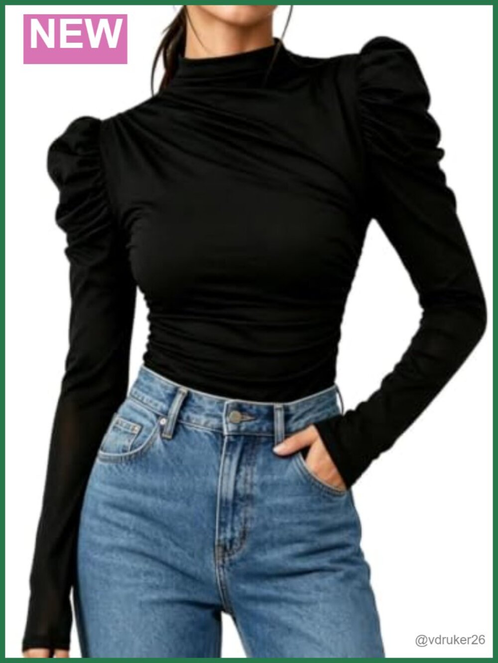 Puff Long Sleeve Mock Neck Ruched Fitted T Shirt